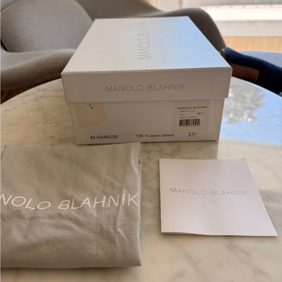 Manolo Blahnik 105mm Denim Blue Jean Hangisi Heels with Crystal Buckle 37.5 - Picture 7 of 7